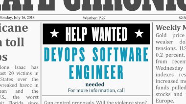 Job offer - DevOps software engineer. IT career newspaper classified ad in fake generic newspaper. clipart