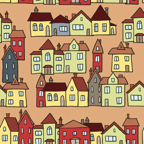 Pequeñas Casas Ciudad Vector Ilustración Patrón Sin Costuras — Archivo Imágenes Vectoriales