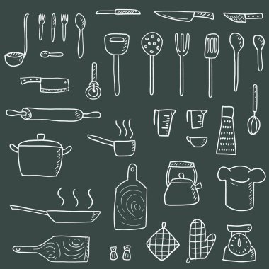 Mutfak eşyaları simgeler kümesi vektör. Elle çizilmiş stil şirin mutfak eşyaları doodle.