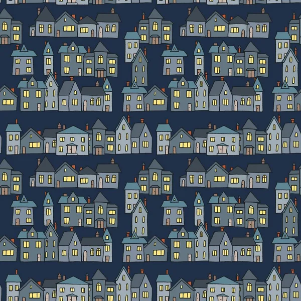 Vecteur Ville Nocturne Sans Couture Illustration Motif Textile Village — Image vectorielle