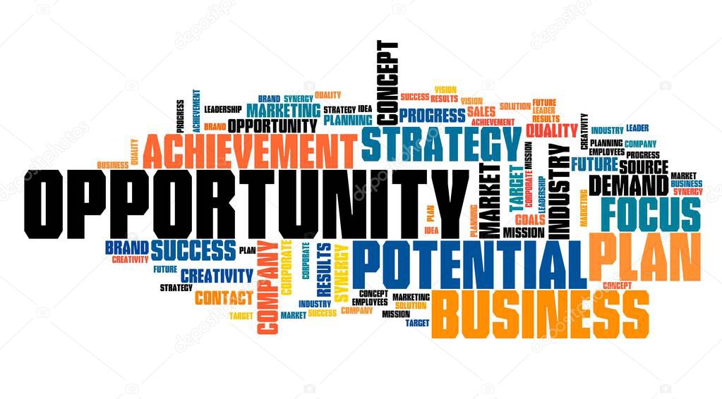 Opportunity in business - company strategy word cloud sign.