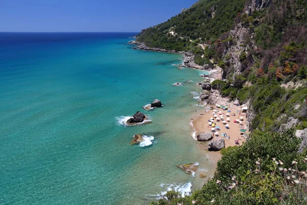 Paesaggio Spiaggia Corfù Isola Grecia Myrtiotissa Spiaggia Sotto Scogliere — Foto Stock