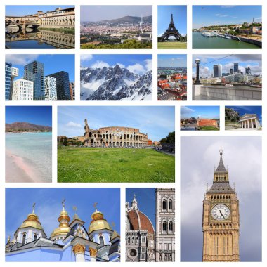 Europe yerlerinden kolaj - Paris, Floransa, Roma, Londra, Barcelona, Kiev, Varşova, Sırbistan ve Yunanistan dahil olmak üzere turizm konumlar montaj.