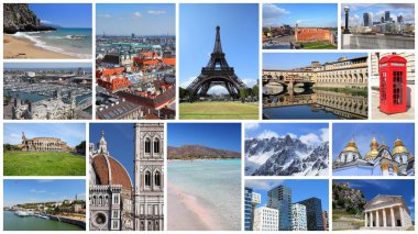 Europe yerler kartpostal - turizm konumlar da dahil olmak üzere Londra, Oslo, Paris, Roma, Floransa, Viyana, Belgrad, Kiev, Varşova ve Alpler kolaj.