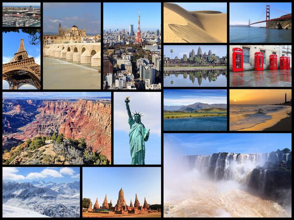 World landmarks image collage - photos of United States, France, England, Spain, Brazil, New Zealand, Japan, Thailand and Cambodia.
