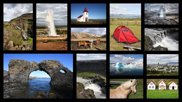 Iceland Panoramic Postcard Travel Place Landmark Photo Collage Stock Image