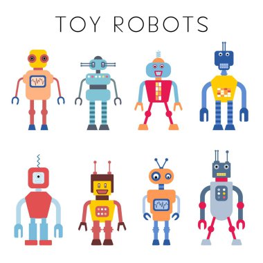 Robot vektör toplama - vintage tarzı oyuncak robotlar illüstrasyon seti.