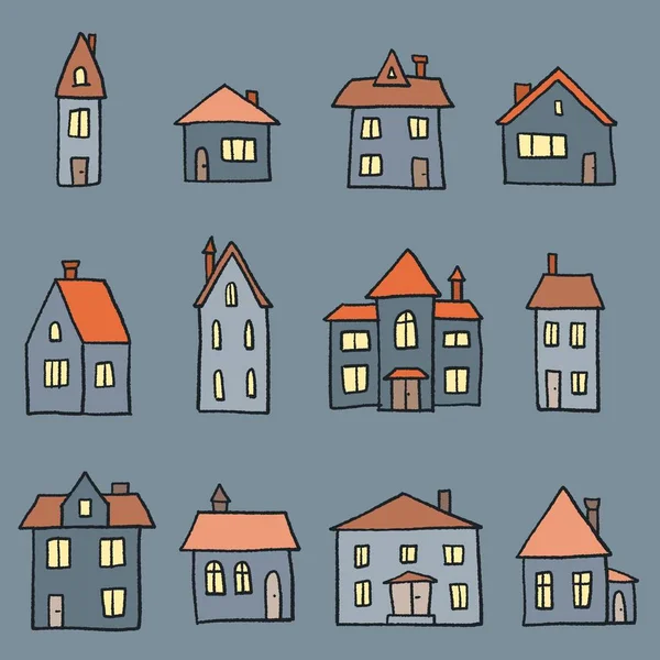 Notte Cartone Animato Casa Set Carino Stile Doodle Vettoriale Illustrazione — Vettoriale Stock