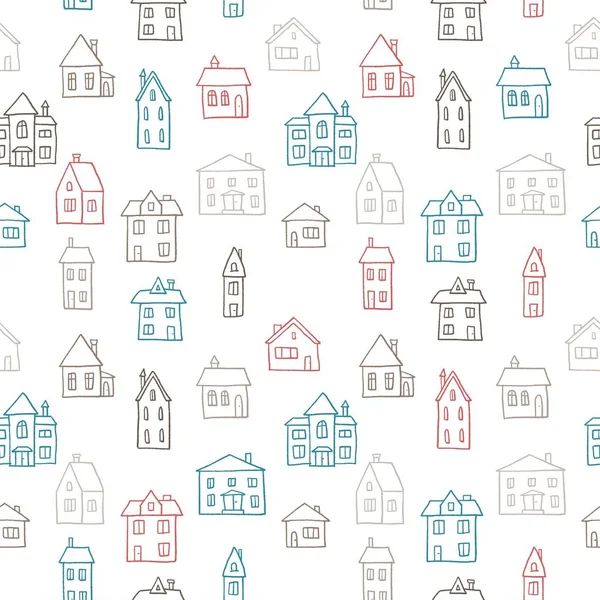Haus Doodle Muster Dorf Vektor Illustration Nahtlose Textur — Stockvektor