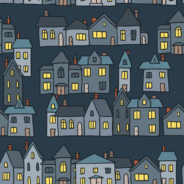 Night Town Homes Vector Illustration Seamless Pattern — Wektor stockowy