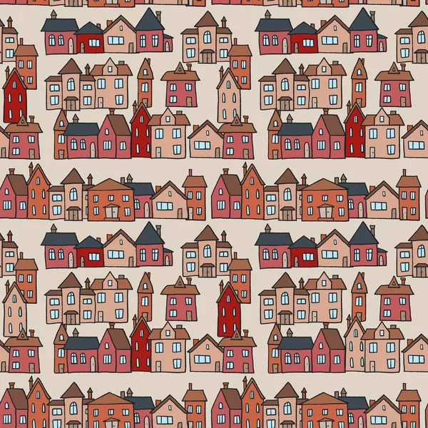 Seamless Red Town Vector Village Textile Pattern Illustration — Stockový vektor