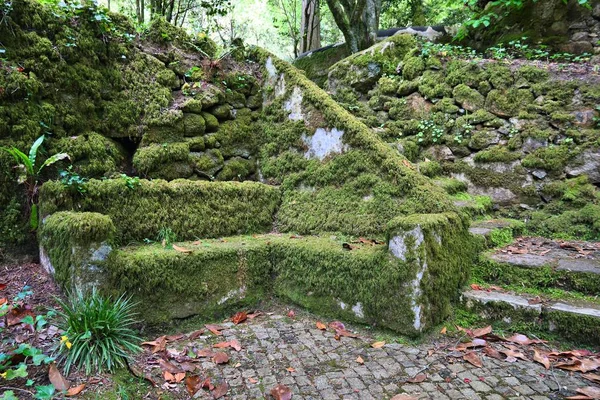 シントラのペーナ公園の庭園 ジャルダンはパルケ ペーニャ コケに覆われた石造りのベンチ — ストック写真