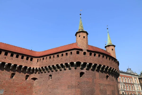 Krakov Město Polsku Barbakán Středověké Opevněné Základny — Stock fotografie