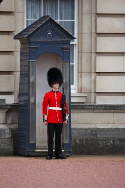 Londra, İngiltere - 23 Nisan 2016: Kraliçe'nin nöbetçi asker Londra, İngiltere'de Buckingham Sarayı önünde duruyor. İngiltere'nin önemli sembolü Nöbetcilerin geleneksel üniformalı.