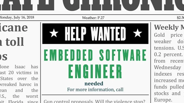Job Offer Embedded Software Engineer Career Newspaper Classified Fake Generic — Stock Vector