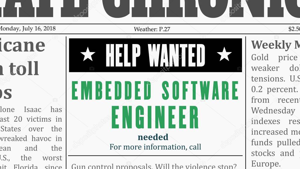Job offer - embedded software engineer. IT career newspaper classified ad in fake generic newspaper.