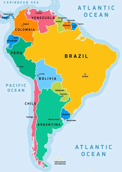 Zuid Amerika Divisie Politieke Kaart Vectorillustratie — Stockvector