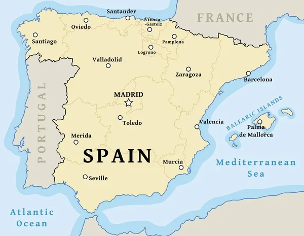 Carte Espagne Illustration Vectorielle Avec Les Villes Les Provinces — Image vectorielle