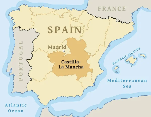 Castilla Mancha Mapa Ubicación Comunidad Autónoma Dentro España Ilustración Vectorial — Vector de stock