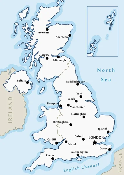 Wektor Mapy Zjednoczonego Królestwa Duże Miasta Zaznaczone Mapie Zjednoczonego Królestwa — Wektor stockowy
