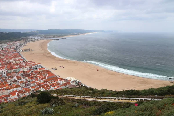 Portekiz Nazare Plaj Füniküler Ile Havadan Görünümü — Stok fotoğraf