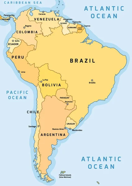 Dél Amerika Politikai Térkép Vektor Illusztráció — Stock Vector