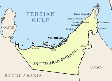 Birleşik Arap Emirlikleri (BAE) haritası. Ana şehirlerle özet vektör ülke haritası.