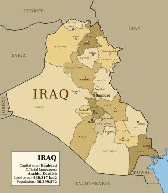 İl ve illerden oluşan Irak haritası: Bağdat, Musul, Karbala, Necef ve diğerleri. Ülke bilgi tablosu.