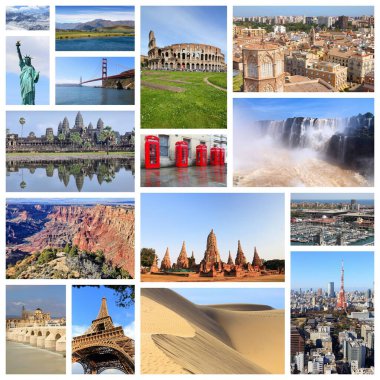 Dünya seyahati simgeleri koleksiyonu - Paris, New York, Büyük Kanyon, Tokyo, Londra, Kaliforniya, İspanya ve Yeni Zelanda ile fotoğraf kolajı.