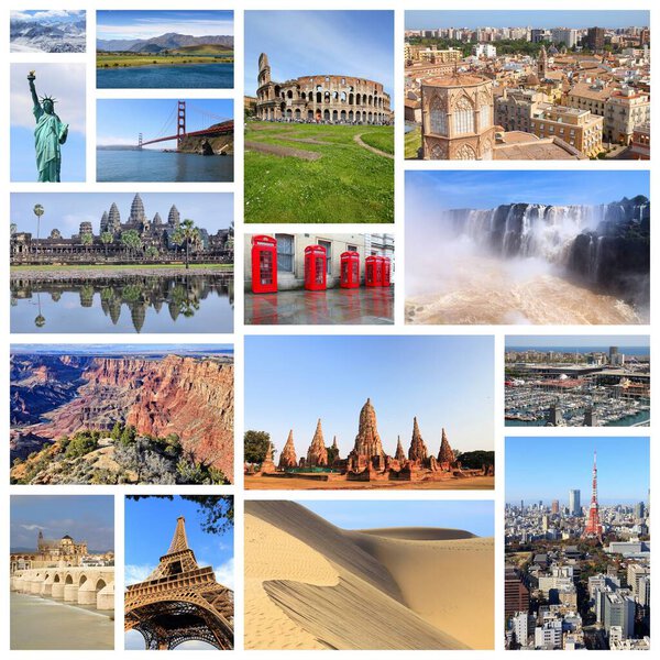 Collection of world travel landmarks - photo collage with Paris, New York, Grand Canyon, Tokyo, London, California, Spain and New Zealand.
