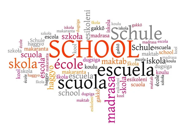 Palabra Escolar Muchos Idiomas Escuela Traducción Texto Collage —  Fotos de Stock