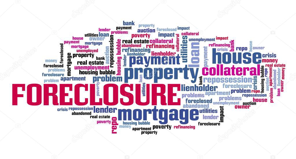 Home foreclosure concept. Real estate issues: foreclosure word cloud sign.