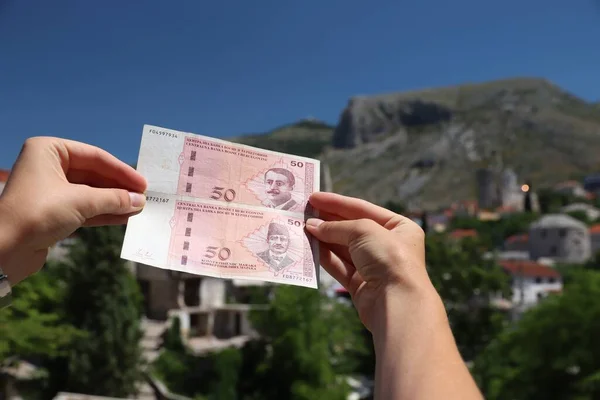 Μετατρέψιμο Σήμα Βοσνίας Και Ερζεγοβίνης Βοσνιακό Νόμισμα Φόντο Την Πόλη — Φωτογραφία Αρχείου