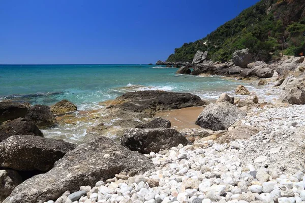 Paisagem Praia Corfu Ilha Grécia Myrtiotissa Praia Abaixo Das Falésias — Fotografia de Stock