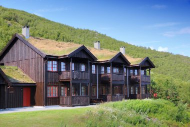TELEMARK, NORway - 15 Temmuz 2015: Haukelifjell mouintains, Telemark County, Norveç 'te çimen çim çatısı olan geleneksel ahşap otel. Çimenli çatılar ya da çim çatıları İskandinavya 'da popüler bir çözümdür..