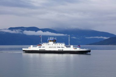 SOGNEFJORD, NORway - 30 Temmuz 2020: Yolcu ve feribot Norveç 'te Sognefjord' dan geçer. Feribotla toplu taşımacılık yılda 8 milyondan fazla yolcu taşır..