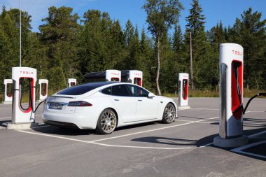 HOVDEN, NORWay - 31 Temmuz 2020: Tesla Motors Norveç 'in Hovden kentindeki bir dağ kasabasındaki Tesla şarj istasyonunun şarj aletlerinin önüne park edilmiş elektrikli arabalar.