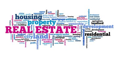 Emlak konsepti. Emlak sözcüğü bulut işareti.