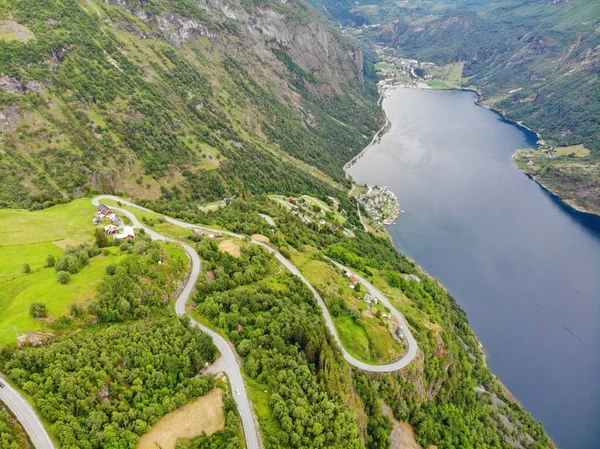 Vista Drone Fiorde Noruega Vista Aérea Geiranger Fjord Estrada Montanha — Fotografia de Stock