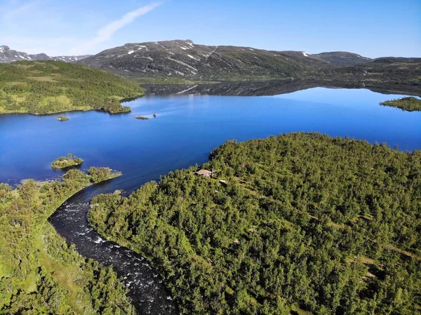 Widok Norweskiego Drona Krajobrazowego Dolina Setesdalen Niedaleko Hovden Jezioro Sessvatnet — Zdjęcie stockowe