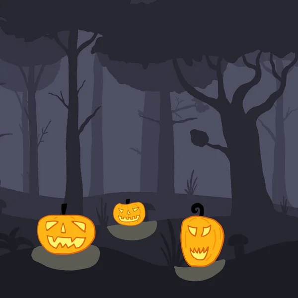 Gruselige Szene Halloween Wald Vektorkürbisse Halloween — Stockvektor