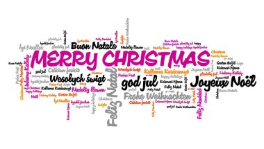 Mutlu Noeller mesajı. İngilizce, Almanca, İspanyolca ve Fransızca olmak üzere birçok dilde uluslararası Noel dilekleri.