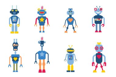 Oyuncak robotlar vektör koleksiyonu. 1990 'ların eski tarz sevimli robot karakter örnekleme seti.