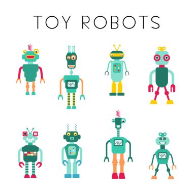 Oyuncak robotlar vektör koleksiyonu. Retro tarzı sevimli robot karakter çizimi seti. 1980 'ler biçimi.