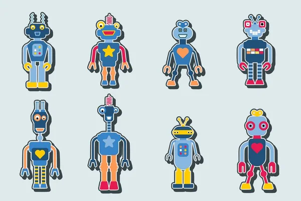 Kolekcja Naklejek Wektorowych Robotów Cute Retro Zabawki Roboty Ilustracji Zestaw — Wektor stockowy