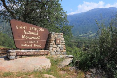 SPRINGVILLE, UNITED STATES - 12 Nisan 2014: Kaliforniya 'daki Giant Sequoia Ulusal Anıtı' na Giriş. Ulusal Anıt 2000 yılında oluşturuldu ve 1330 km2 alanı kapsamaktadır..