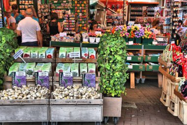 AMSTERDAM, NETHERLANDS - 8 Temmuz 2017: İnsanlar Hollanda, Amsterdam 'daki çiçek pazarını (Bloemenmarkt) ziyaret ediyor. Bloemenmarkt, Singel Kanalı 'nda yüzen ünlü çiçek pazarıdır..