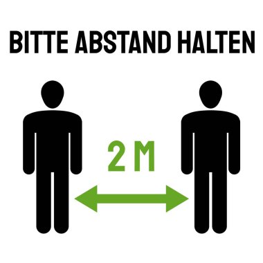 Almanca 'da sosyal uzaklık vektör işareti. Bitte abstand halten (İngilizce: Lütfen uzak durun). Salgın güvenliği. Vektör illüstrasyonu.
