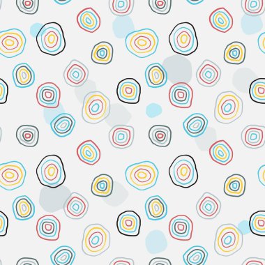 Moda desenli, kusursuz desen. Renkli elle çizilmiş vektör tasarımı yarım yamalak daireler. Mavi, sarı ve kırmızı.