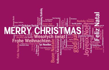 Merry Christmas message sign. International Christmas wishes in many languages including English, French, Portuguese, Polish and Spanish. clipart